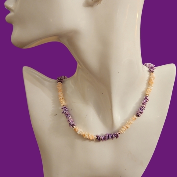 Vintage 1980s Purple Pastel Puka Shell Surfer Beach Necklace - Picture 1 of 5